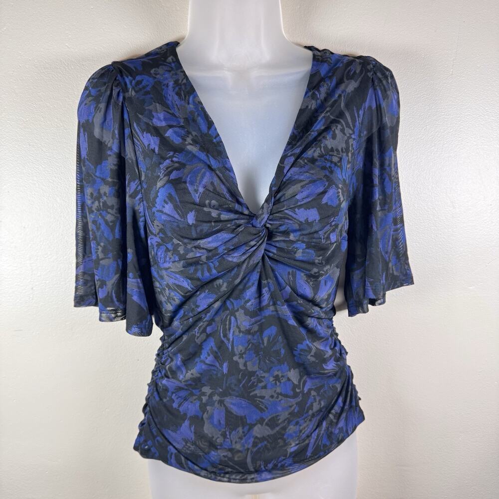 Evereve Womens Blouse Twist Front Mesh Ruched 90s Y2K Party Dark Floral $78 S